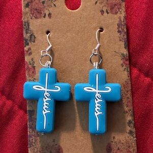 Blue Cross Earrings with Jesus Script